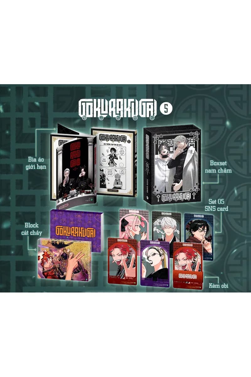 Bìa Gokurakugai - Phố Gokuraku - Tập 5 - Bản Giới Hạn - Tặng Kèm Bìa Áo Giới Hạn + 05 Clear Card + Block Cát Chảy Acrylic + Boxset Nam Châm