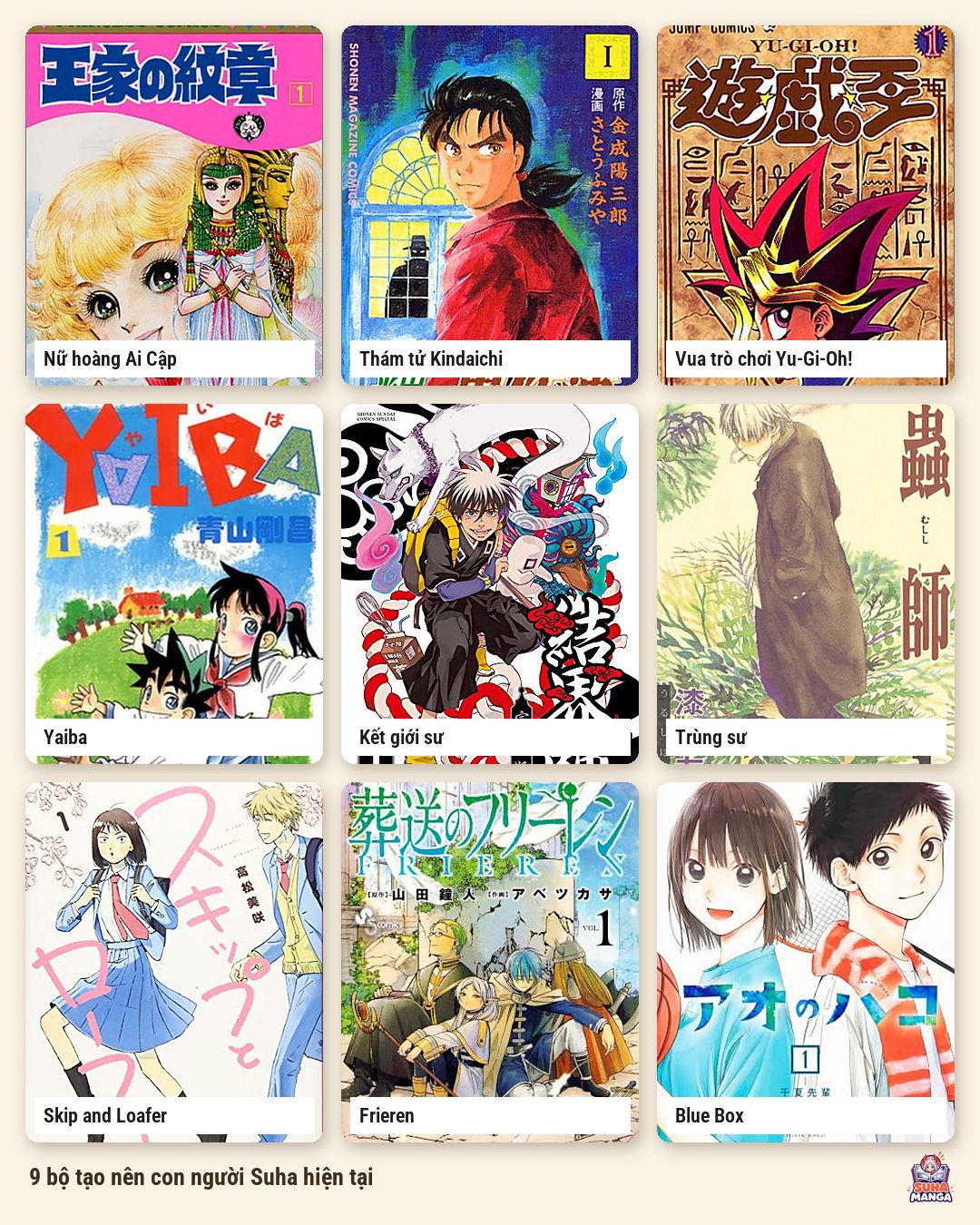 Bìa tập 1 bản Nhật của 9 bộ manga tạo nên Suha